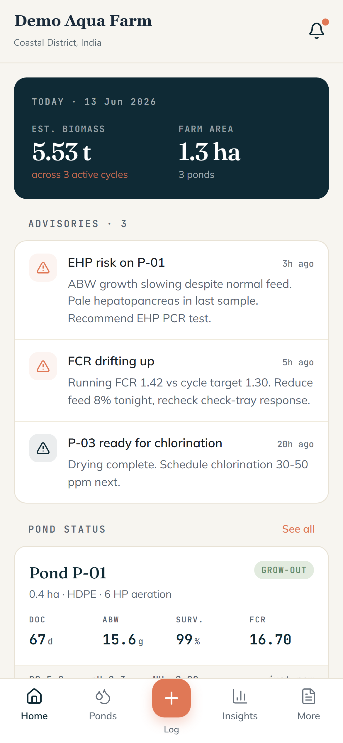 AquaPulse aquaculture mobile app: pond telemetry and growth cycles