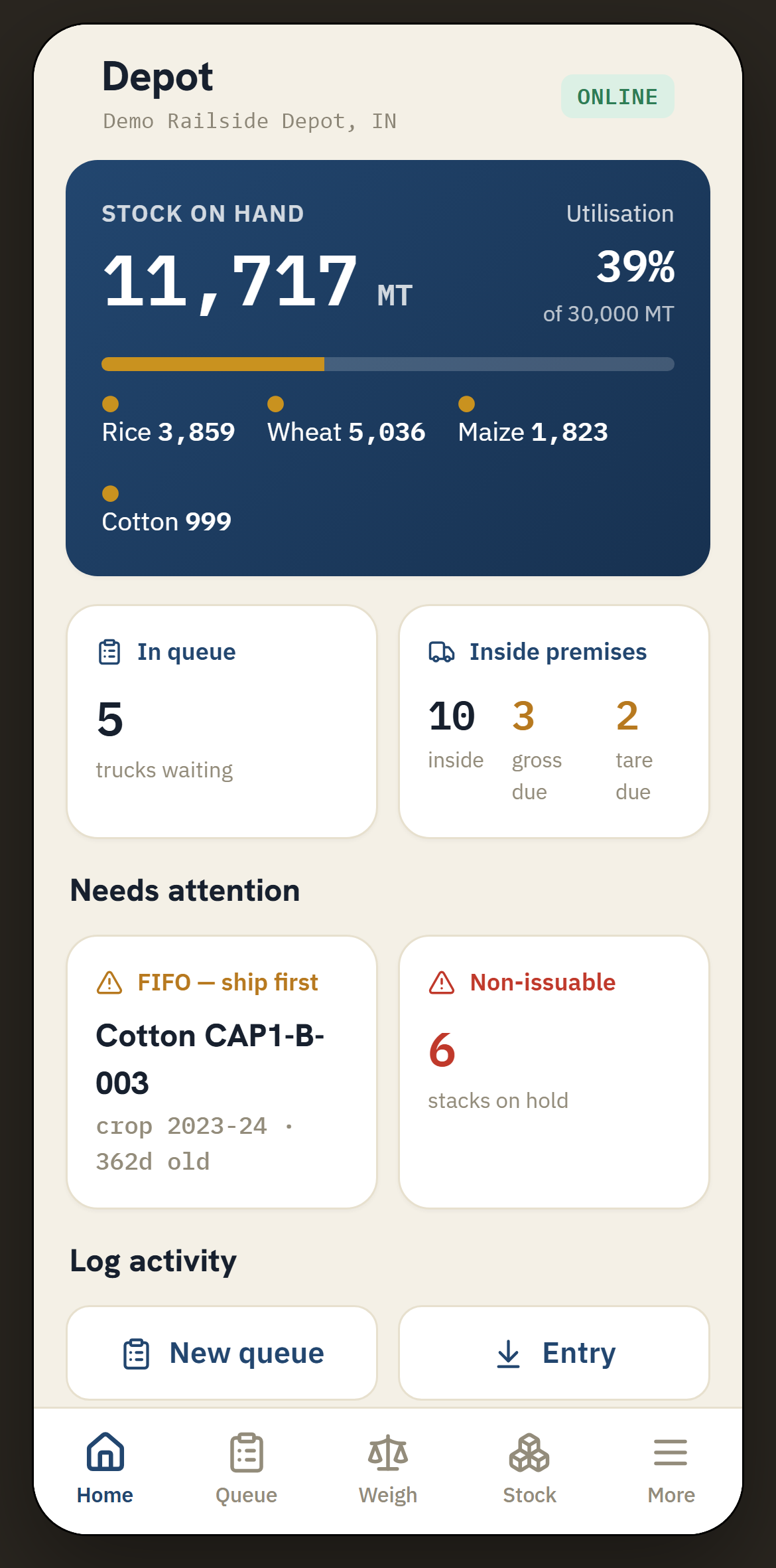 GrainPulse agri godown mobile app: intake, stacking and dispatch