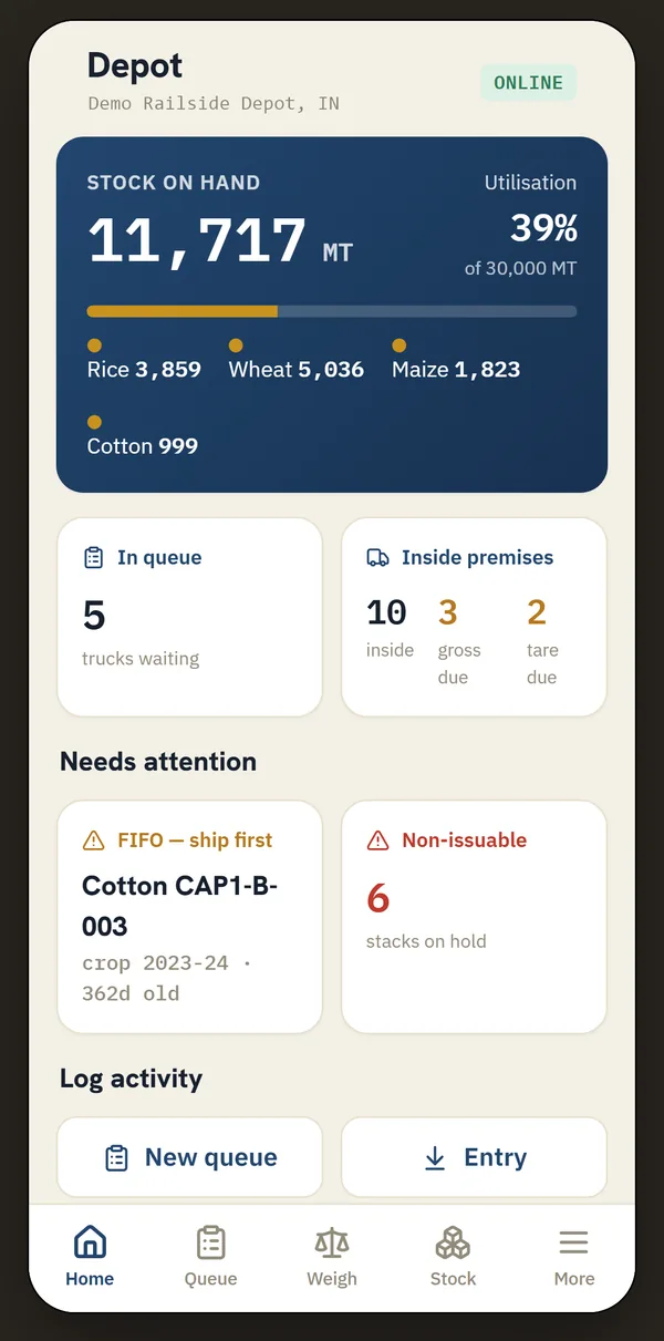GrainPulse agri godown mobile app: intake, stacking and dispatch